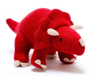 red knitted triceratops rattle baby dinosaur toy